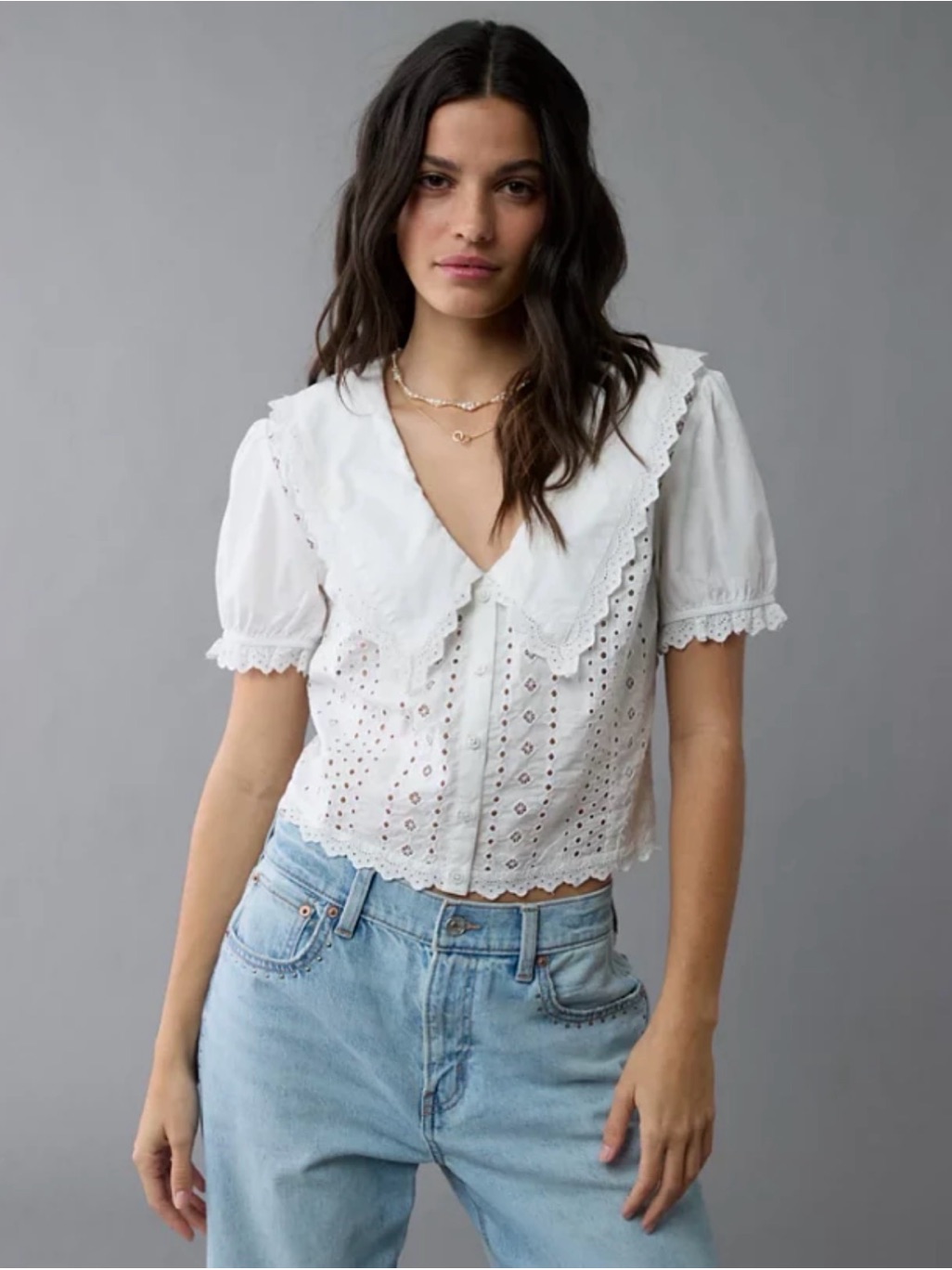 Nwt American Eagle Short Sleeve Ruffle Collar Eyelet Crop Top White Size Xs